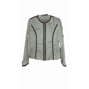 Boston Proper womens white with brown trim full zip jacket Size 6 slight flaw